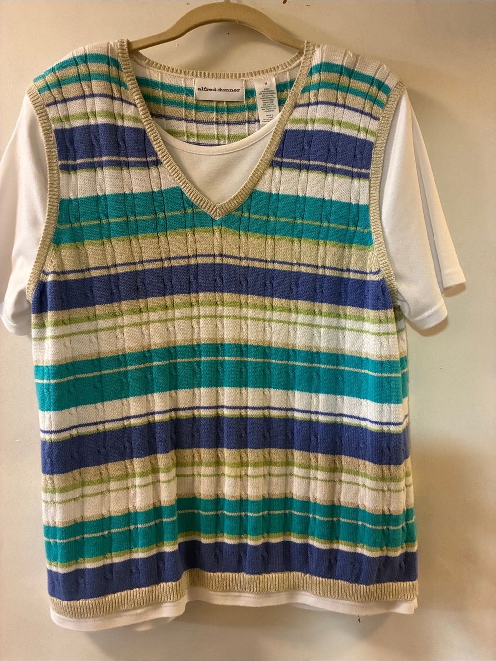 Alfred Dunner Striped V‑Neck Shell in Blue, Teal, White, and Tan